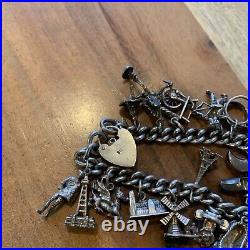 Vintage Solid Silver Charm Bracelet With 19 x Charms Inc Lighthouse, Typewriter