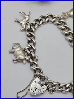 Vintage Solid Silver Charm Bracelet with Heart Padlock & 6 Animal Charms Vintage Solid Silver Charm Bracelet with Heart Padlock & 6 Animal Charms