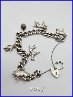 Vintage Solid Silver Charm Bracelet with Heart Padlock & 6 Animal Charms Vintage Solid Silver Charm Bracelet with Heart Padlock & 6 Animal Charms