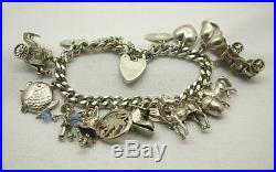 Vintage Solid Silver Curb Link Charm Bracelet With 15 Charms & Padlock Fastener