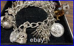 Vintage Solid Sterling Silver Charm Bracelet 21 Rare New Heart Clasp 88.67g