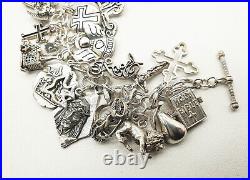 Vintage Solid Sterling Silver Chunky Heavy Religous Themed Multi Charm Bracelet