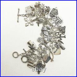 Vintage Solid Sterling Silver Chunky Heavy Religous Themed Multi Charm Bracelet