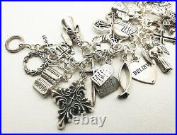 Vintage Solid Sterling Silver Chunky Heavy Religous Themed Multi Charm Bracelet