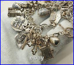 Vintage Solid Sterling Silver Chunky Heavy Religous Themed Multi Charm Bracelet