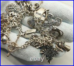 Vintage Solid Sterling Silver Chunky Heavy Religous Themed Multi Charm Bracelet