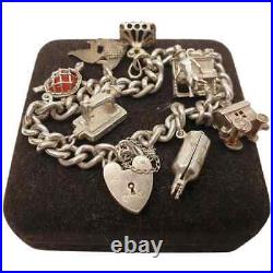 Vintage Solid Sterling Silver Chunky and Heavy Charm Bracelet with Box 1968