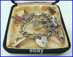 Vintage Solid Sterling Silver Chunky and Heavy Charm Bracelet with Box 1968