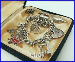 Vintage Solid Sterling Silver Chunky and Heavy Charm Bracelet with Box 1968