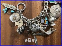 Vintage South West Turquoise Native Taxco STERLING SILVER Charm Bracelet 107+G