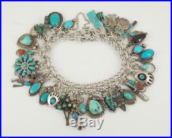 Vintage Southwestern Sterling Silver Turquoise Loaded Charm Bracelet 7 5/8 Long