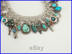 Vintage Southwestern Sterling Silver Turquoise Loaded Charm Bracelet 7 5/8 Long
