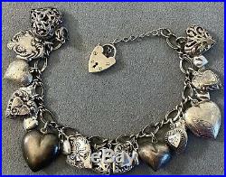 Vintage Sterling 925 Silver (23) Puffy Heart Repousse Charm Bracelet with Padlock