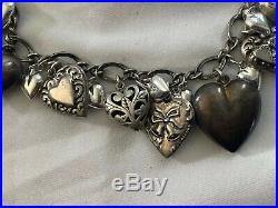 Vintage Sterling 925 Silver (23) Puffy Heart Repousse Charm Bracelet with Padlock