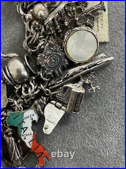 Vintage Sterling 925 Silver (47) Charm Bracelet Mechanical Travel Enamel 130Gram