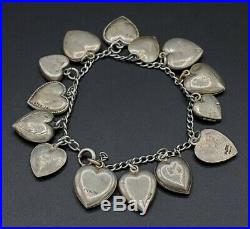 Vintage Sterling Silver 14 Heart Charm Bracelet Guilloche Enamel Puffy 7.5