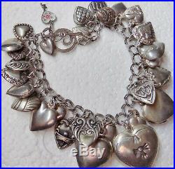 Vintage Sterling Silver 30 Heart & Guilloche Key Charm Bracelet
