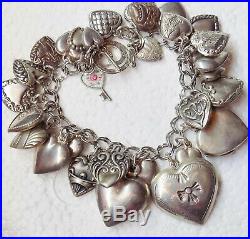 Vintage Sterling Silver 30 Heart & Guilloche Key Charm Bracelet