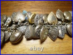 Vintage Sterling Silver 45 Puffy Engraved HEART Charm Bracelet plus 6 misc charm
