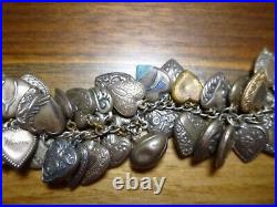 Vintage Sterling Silver 45 Puffy Engraved HEART Charm Bracelet plus 6 misc charm