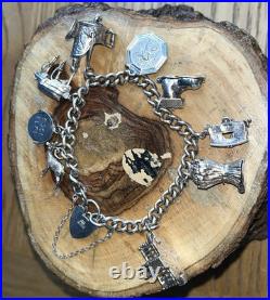 Vintage Sterling Silver 925 Charm Bracelet With 9 Charms & Heart Locket 52g