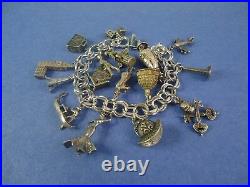 Vintage Sterling Silver Bracelet & 17 Mostly European Large Charms, 83 grams