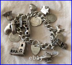 Vintage Sterling Silver Charm Bracelet & 13 Silver Charms