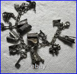 Vintage Sterling Silver Charm Bracelet 14 Unique Charms