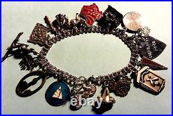 Vintage Sterling Silver Charm Bracelet & 18 Charms, 7 Loaded 54 gr Travel/Mixed