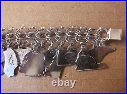 Vintage Sterling Silver Charm Bracelet - 20 U. S. States Charms 7 1/2
