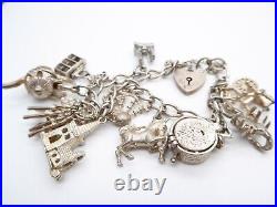 Vintage Sterling Silver Charm Bracelet Clock, Cable Car, Tea Pot, Scorpion