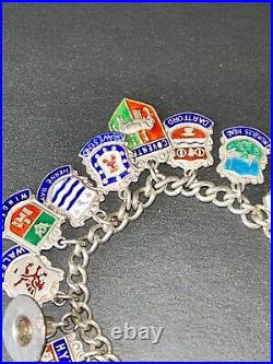 Vintage Sterling Silver Charm Bracelet Enamel Badges 19 Charms 925 6 3/4 38g