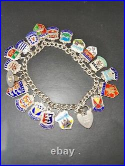 Vintage Sterling Silver Charm Bracelet Enamel Badges 19 Charms 925 6 3/4 38g