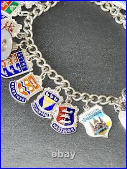 Vintage Sterling Silver Charm Bracelet Enamel Badges 19 Charms 925 6 3/4 38g