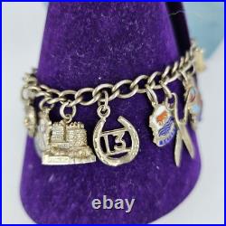 Vintage Sterling Silver Charm Bracelet Enamel Bagdes 20 Charms 7 Long 40g 925