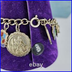 Vintage Sterling Silver Charm Bracelet Enamel Bagdes 20 Charms 7 Long 40g 925