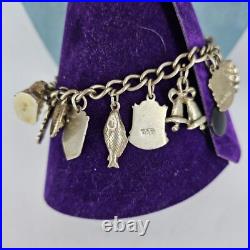 Vintage Sterling Silver Charm Bracelet Enamel Bagdes 20 Charms 7 Long 40g 925