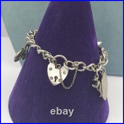 Vintage Sterling Silver Charm Bracelet Heart Lock 7 Long 36g