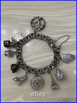 Vintage Sterling Silver Charm Bracelet LOADED 10 Great Charms Some Moveable