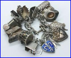 Vintage Sterling Silver Charm Bracelet Some British Double & Enamel Puffy Heart