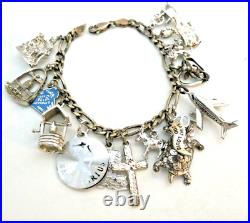 Vintage Sterling Silver Charm Bracelet with 15 Sterling Charms 7 Circa 1960s