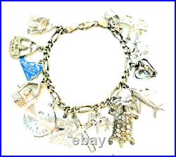 Vintage Sterling Silver Charm Bracelet with 15 Sterling Charms 7 Circa 1960s