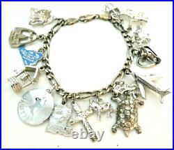 Vintage Sterling Silver Charm Bracelet with 15 Sterling Charms 7 Circa 1960s