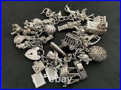 Vintage Sterling Silver Charm Bracelet with 30 Silver Charms