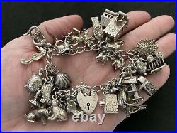 Vintage Sterling Silver Charm Bracelet with 30 Silver Charms