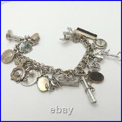 Vintage Sterling Silver Charm Bracelet with18 Travel Religious Hobbies Charms
