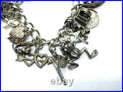 Vintage Sterling Silver Curb Link Charm Bracelet With 24 Charms 36.6 grams