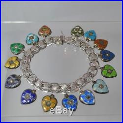 Vintage Sterling Silver ENAMEL PANSY PUFFY HEART Charm Bracelet 15 Hearts 7 1/4
