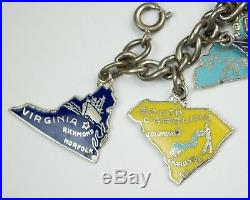 Vintage Sterling Silver & Enamel 17 Charm Bracelet USA Map States Travel Italy