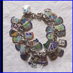 Vintage Sterling Silver Enamelled Travel Shield Charm Chain Bracelet 27 Charms